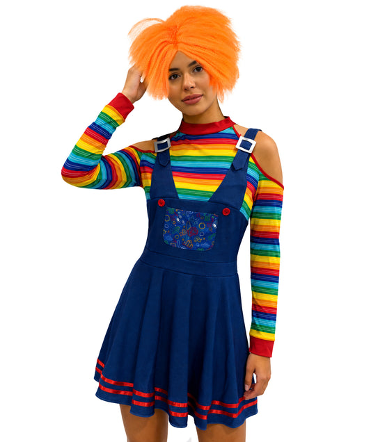 HPO Women's Scary Doll Suspender Skirt Costume Evil Inspired Outfit - Scary Evil Doll Inspired Outfit with Colorful Striped Sleeves & Layered Skirt Styling for Halloween Cosplay Fancy Dress