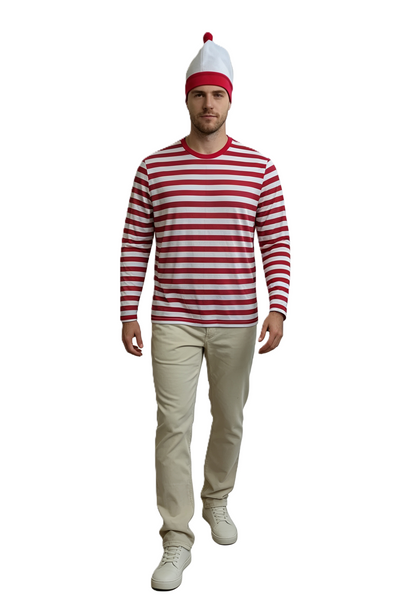Adult & Teen Men's Multicolour Striped Costume Set | Long Sleeve Top With Hat and Glasses Accessories | Ideal for Halloween Fancy Dress Party Outfit