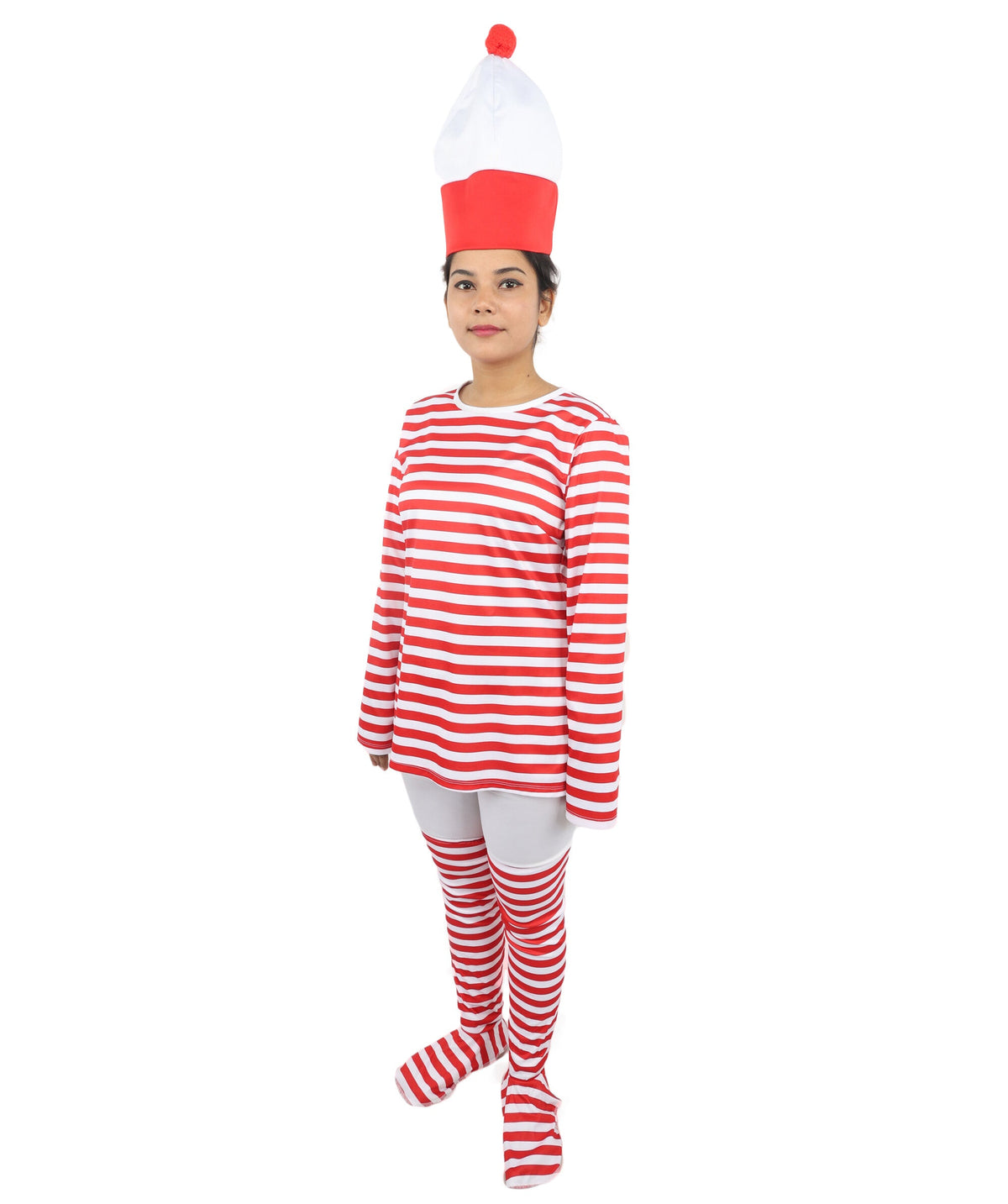 Women's Red White Striped Costume Set | Top, Hat, Socks & Glasses | Ideal for Halloween Fancy Dress Outfit