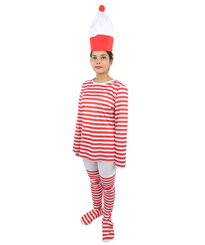 Women's Red White Striped Costume Set | Top, Hat, Socks & Glasses | Ideal for Halloween Fancy Dress Outfit