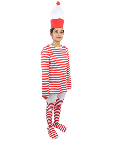 Women's Red White Striped Costume Set | Top, Hat, Socks & Glasses | Ideal for Halloween Fancy Dress Outfit