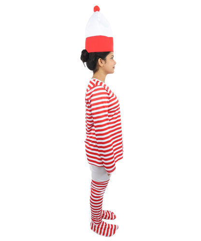 Women's Red White Striped Costume Set | Top, Hat, Socks & Glasses | Ideal for Halloween Fancy Dress Outfit