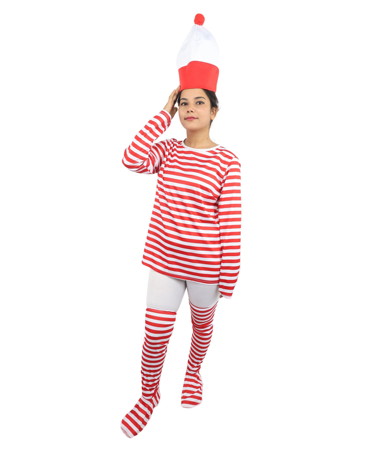 Women's Red White Striped Costume Set | Top, Hat, Socks & Glasses | Ideal for Halloween Fancy Dress Outfit