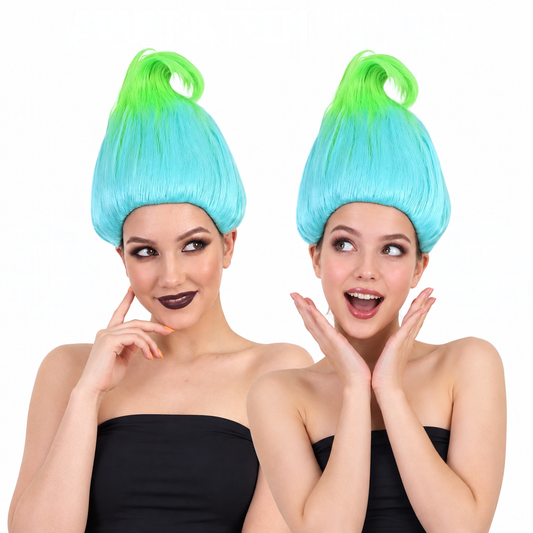 HPO Bluish Green Straight Troll Wig for Adult & Teen Bundle Synthetic Hair- Unisex Troll Wig with Tall Straight Styling Soft Synthetic Fiber & Distinctive Upright Shape for Halloween Cosplay Festivals
