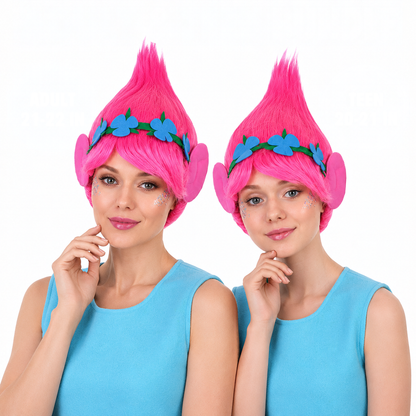 HPO Magical Troll Wig with Ears & Flower Headband for Adult & Teen Bundle- Pink Magical Troll Princess Wig Straight Synthetic Fiber Breathable Capless Cap & Tall Fantasy Styling for Halloween Cosplay | HPO