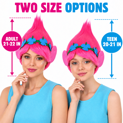 HPO Magical Troll Wig with Ears & Flower Headband for Adult & Teen Bundle- Pink Magical Troll Princess Wig Straight Synthetic Fiber Breathable Capless Cap & Tall Fantasy Styling for Halloween Cosplay | HPO