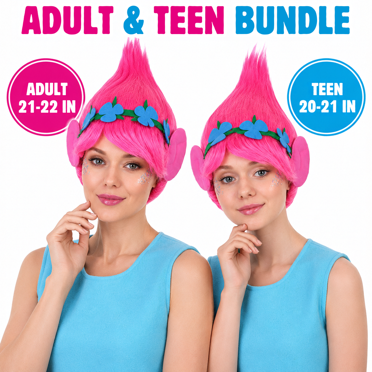 HPO Magical Troll Wig with Ears & Flower Headband for Adult & Teen Bundle- Pink Magical Troll Princess Wig Straight Synthetic Fiber Breathable Capless Cap & Tall Fantasy Styling for Halloween Cosplay | HPO