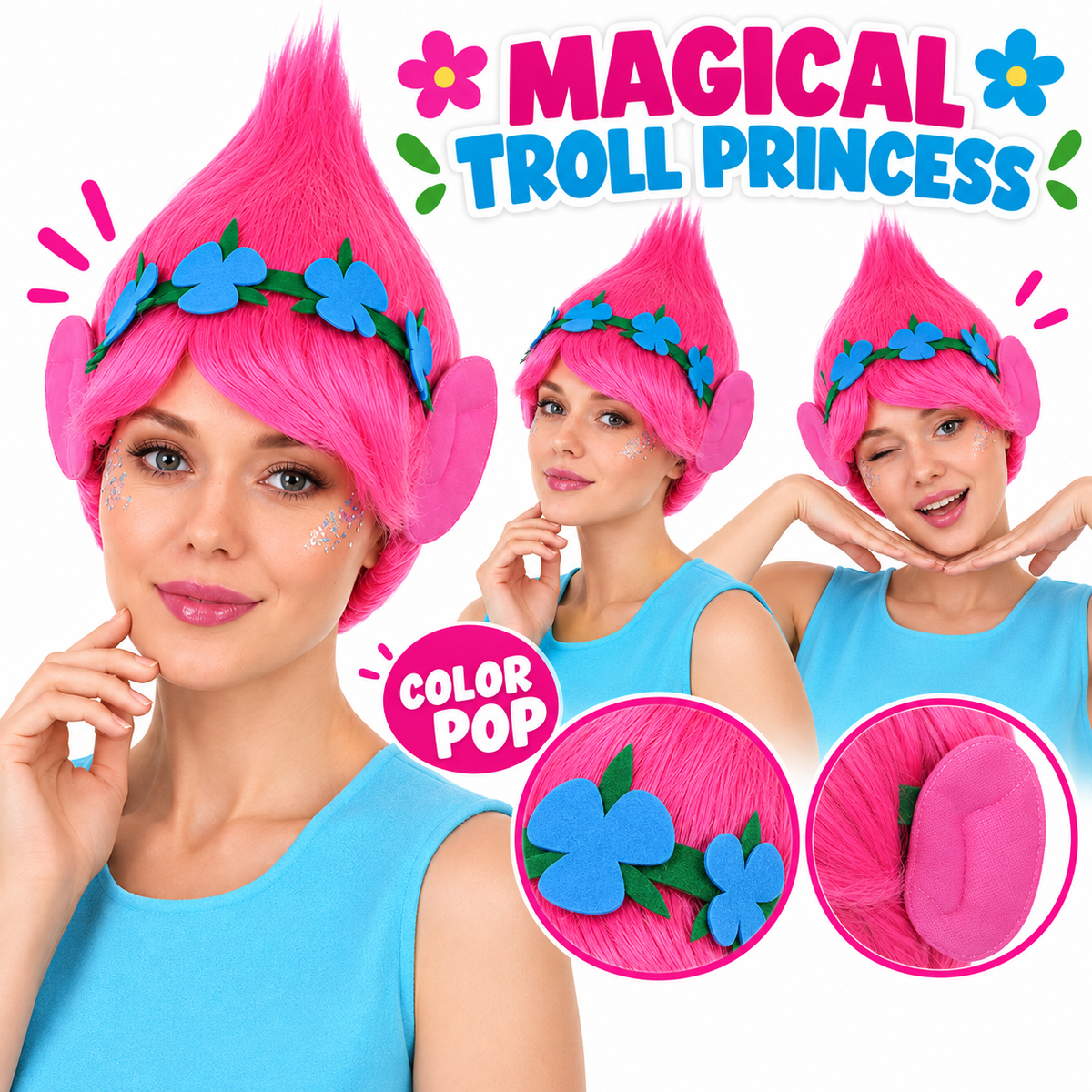 HPO Magical Troll Wig with Ears & Flower Headband for Adult & Teen Bundle- Pink Magical Troll Princess Wig Straight Synthetic Fiber Breathable Capless Cap & Tall Fantasy Styling for Halloween Cosplay | HPO