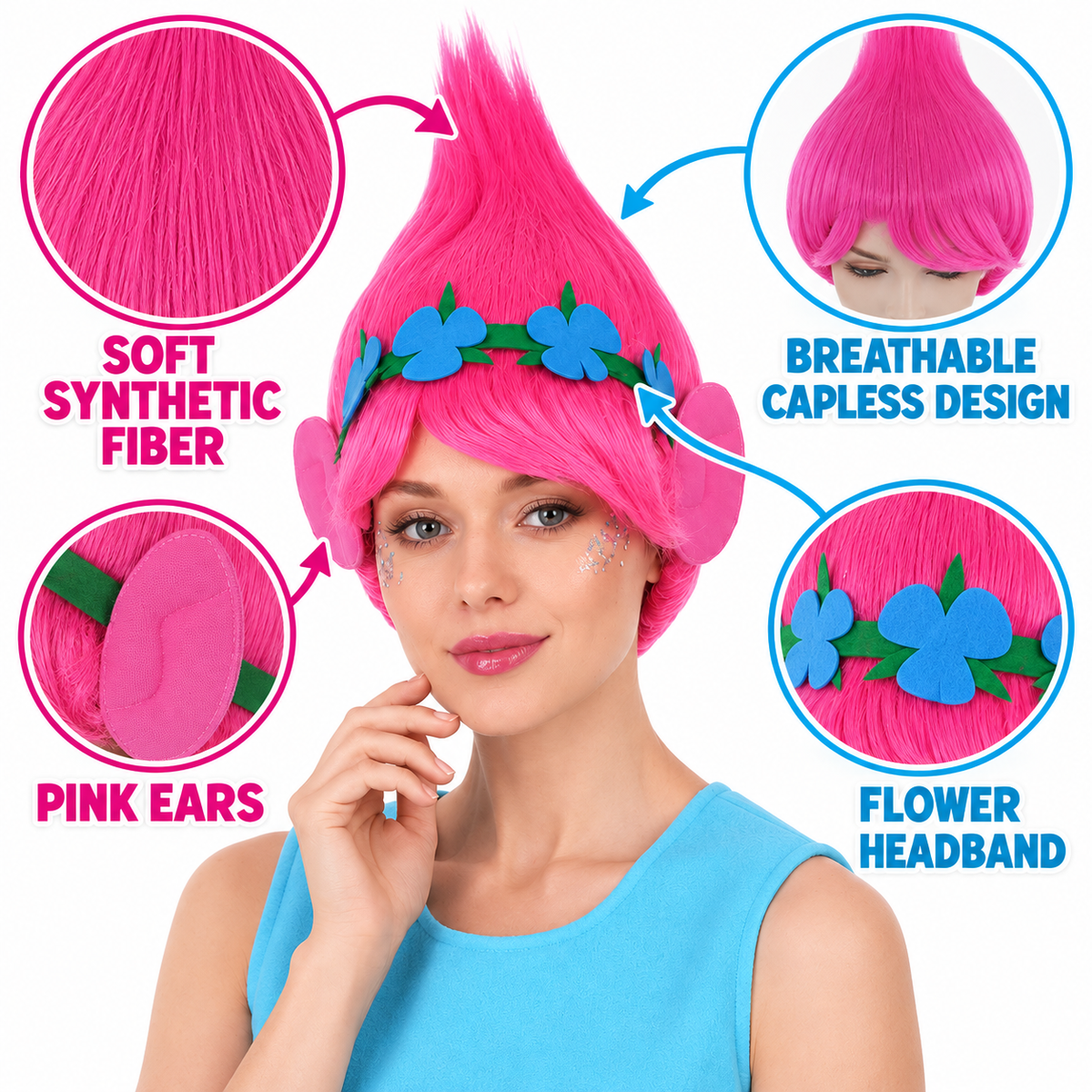 HPO Magical Troll Wig with Ears & Flower Headband for Adult & Teen Bundle- Pink Magical Troll Princess Wig Straight Synthetic Fiber Breathable Capless Cap & Tall Fantasy Styling for Halloween Cosplay | HPO