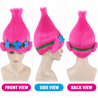 HPO Magical Troll Wig with Ears & Flower Headband for Adult & Teen Bundle- Pink Magical Troll Princess Wig Straight Synthetic Fiber Breathable Capless Cap & Tall Fantasy Styling for Halloween Cosplay | HPO