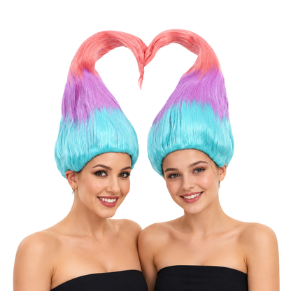 HPO Twin Troll Wig Detachable Set 2 Straight Wigs for Adult & Teen Bundle-Rainbow Twin Troll Wig with 2 Detachable Straight Wigs Synthetic Fiber & Breathable Design for Halloween Cosplay Festivals