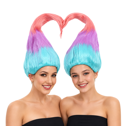 HPO Twin Troll Wig Detachable Set 2 Straight Wigs for Adult & Teen Bundle-Rainbow Twin Troll Wig with 2 Detachable Straight Wigs Synthetic Fiber & Breathable Design for Halloween Cosplay Festivals