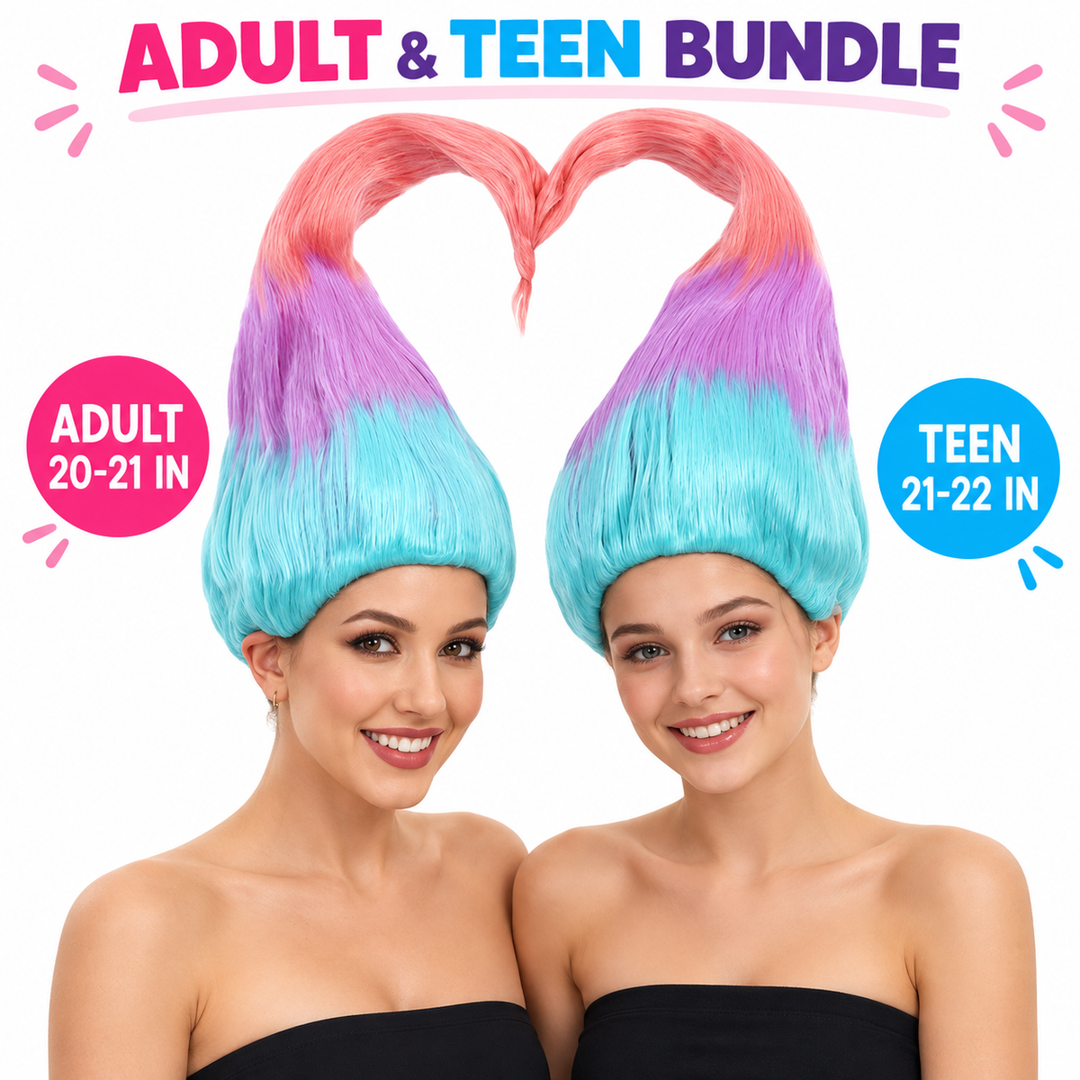 HPO Twin Troll Wig Detachable Set 2 Straight Wigs for Adult & Teen Bundle-Rainbow Twin Troll Wig with 2 Detachable Straight Wigs Synthetic Fiber & Breathable Design for Halloween Cosplay Festivals