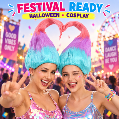 HPO Twin Troll Wig Detachable Set 2 Straight Wigs for Adult & Teen Bundle-Rainbow Twin Troll Wig with 2 Detachable Straight Wigs Synthetic Fiber & Breathable Design for Halloween Cosplay Festivals