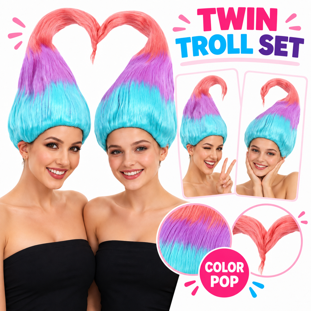 HPO Twin Troll Wig Detachable Set 2 Straight Wigs for Adult & Teen Bundle-Rainbow Twin Troll Wig with 2 Detachable Straight Wigs Synthetic Fiber & Breathable Design for Halloween Cosplay Festivals