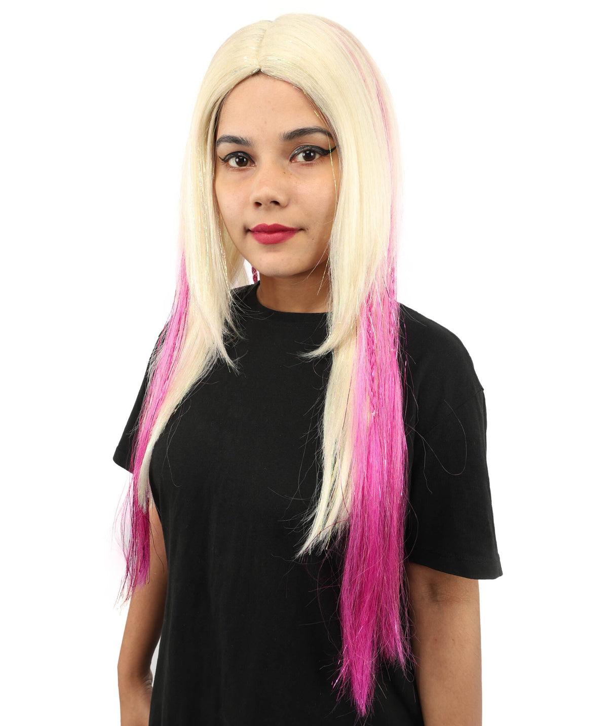 Adult Women’s Straight Blonde Long Wig with Tinsel Highlights | Sparkle Party Hairpiece | Ideal for Halloween, Cosplay, and Themed Events