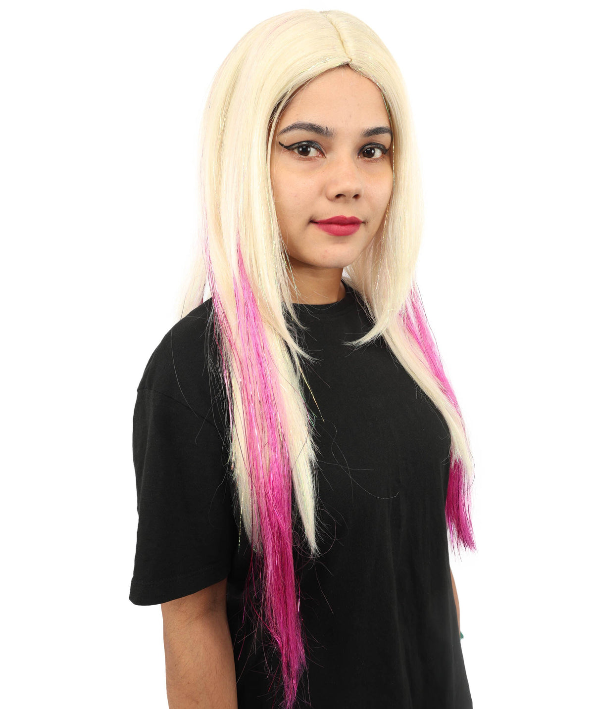 Adult Women’s Straight Blonde Long Wig with Tinsel Highlights | Sparkle Party Hairpiece | Ideal for Halloween, Cosplay, and Themed Events