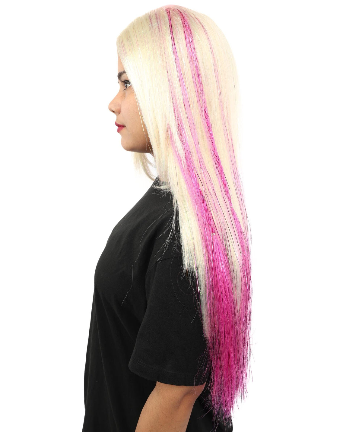 Adult Women’s Straight Blonde Long Wig with Tinsel Highlights | Sparkle Party Hairpiece | Ideal for Halloween, Cosplay, and Themed Events