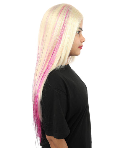 Adult Women’s Straight Blonde Long Wig with Tinsel Highlights | Sparkle Party Hairpiece | Ideal for Halloween, Cosplay, and Themed Events