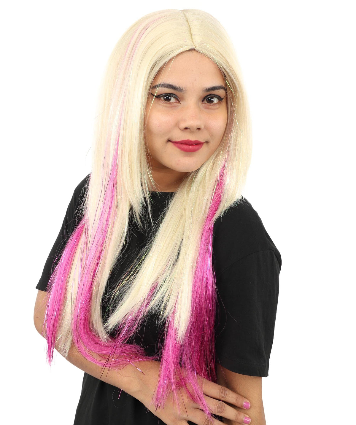Adult Women’s Straight Blonde Long Wig with Tinsel Highlights | Sparkle Party Hairpiece | Ideal for Halloween, Cosplay, and Themed Events