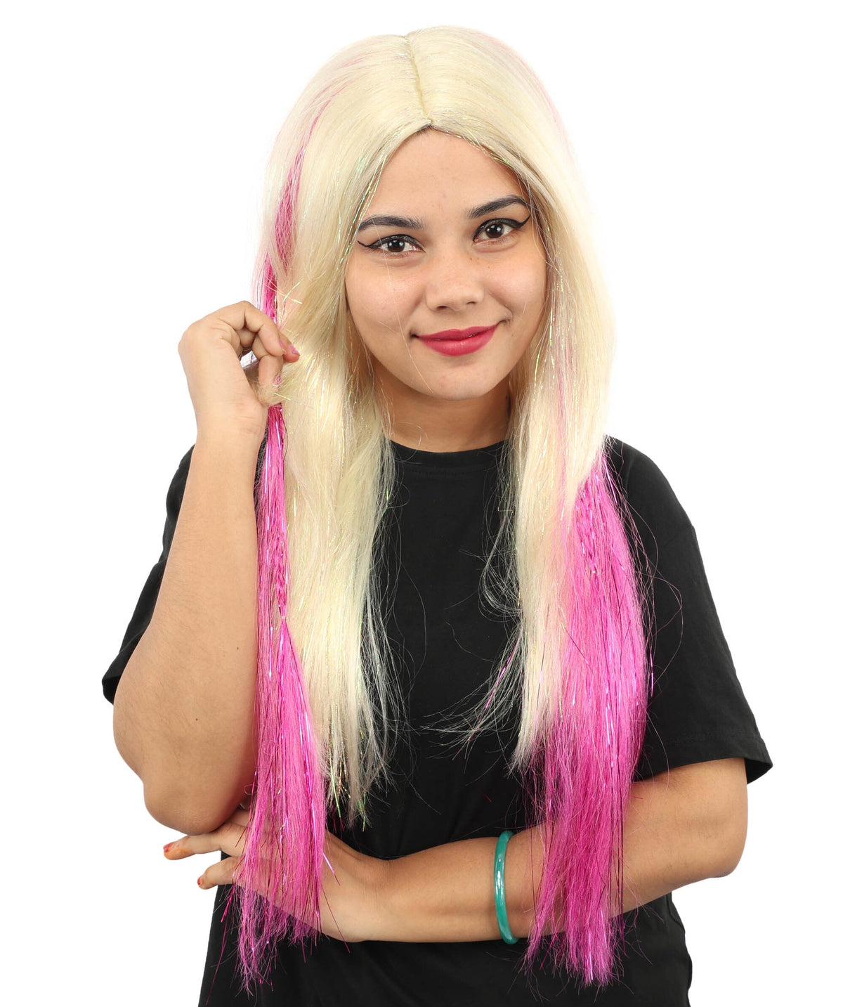 Adult Women’s Straight Blonde Long Wig with Tinsel Highlights | Sparkle Party Hairpiece | Ideal for Halloween, Cosplay, and Themed Events