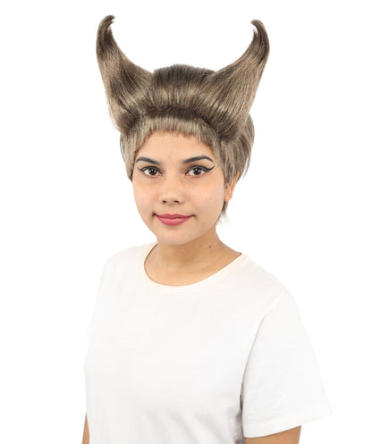 Adult Women’s Ash Brown Fantasy Wig with Dramatic Horn | Spiky Synthetic Hair with Breathable Cap | Ideal for Halloween, Cosplay & Themed Events