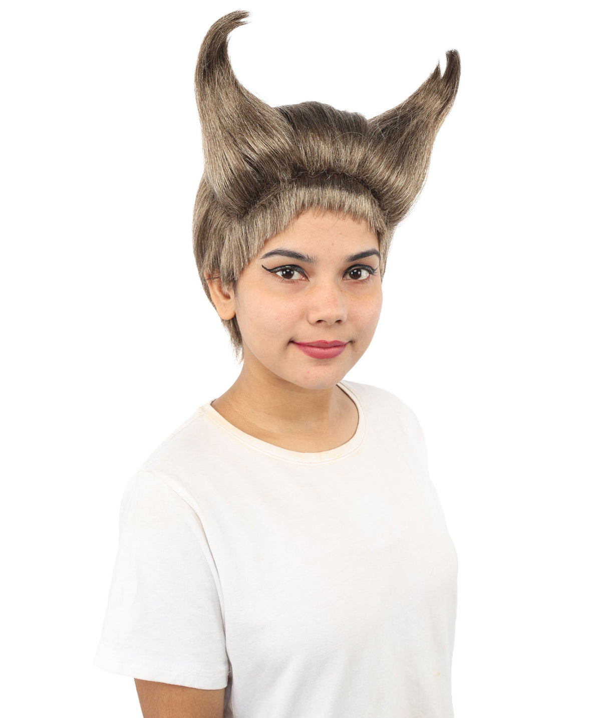 Adult Women’s Ash Brown Fantasy Wig with Dramatic Horn | Spiky Synthetic Hair with Breathable Cap | Ideal for Halloween, Cosplay & Themed Events