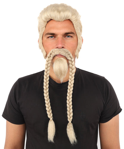 Men’s Blonde Braided Beard, Mustache & Wig Set | Character-Inspired Costume Facial Hair and Hairpiece | Ideal for Halloween and Cosplay