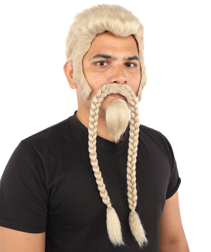 Men’s Blonde Braided Beard, Mustache & Wig Set | Character-Inspired Costume Facial Hair and Hairpiece | Ideal for Halloween and Cosplay