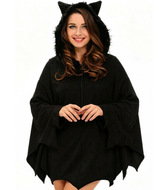 HPO Women's Black Bat Poncho Costume with Faux Fur Cat Ear Hoodie - Hooded Bat Cape with Wing Wing Cover-Up Lightweight Costume for Halloween Cosplay Parties & Fancy Dress