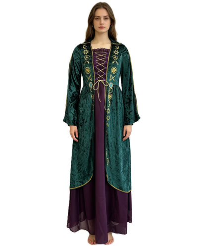 HPO Women's Medieval Fantasy Robe Costume Gothic Long Sleeve Dress Outfit - Flowing Green Silhouette & Dark Character Styling For Women Halloween Cosplay Theatre Performances & Fantasy Theme Events