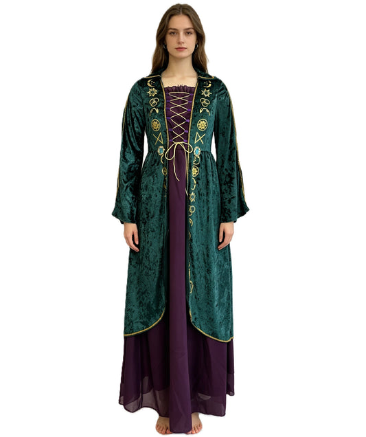 HPO Women's Medieval Fantasy Robe Costume Gothic Long Sleeve Dress Outfit - Flowing Green Silhouette & Dark Character Styling For Women Halloween Cosplay Theatre Performances & Fantasy Theme Events