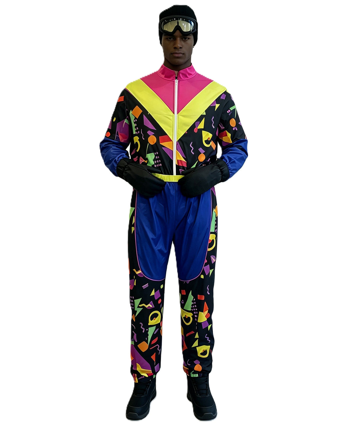 Adult Men's 80s Ski Suit Costume | Multicolour Jumpsuit With Gloves | Retro Halloween, Fancy Dress & Party Outfit