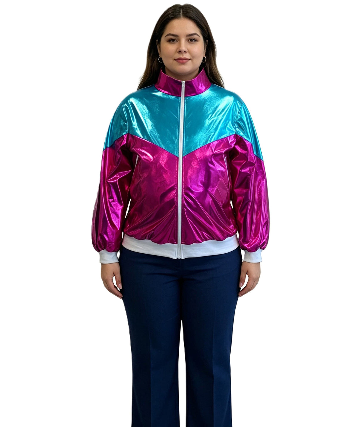 Women’s 80s Shell Suit Costume | Multicolour Retro Jacket With Scrunchie & Inflatable Abdomen | Ideal for Halloween Fancy Dress Party Outfit