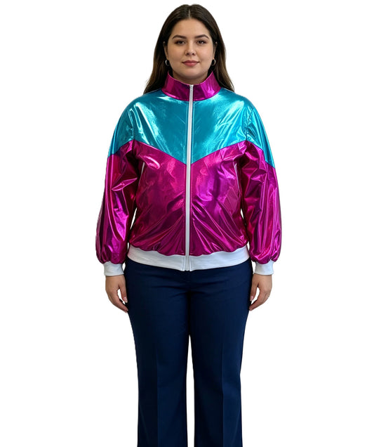 Women’s 80s Shell Suit Costume | Multicolour Retro Jacket With Scrunchie & Inflatable Abdomen | Ideal for Halloween Fancy Dress Party Outfit