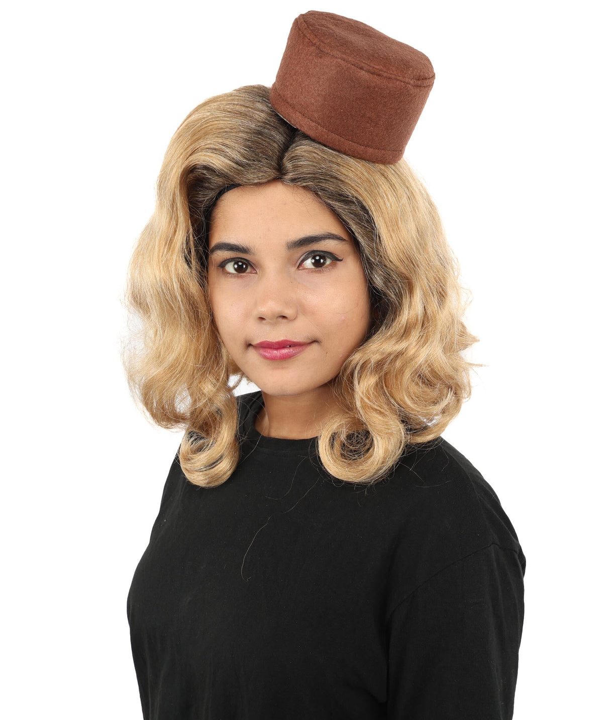 Adult & Teen Women's Vintage Bob Wig | Short Blonde Brown Costume Hairpiece With Mini Top Hat Detail | Capless Cap for Halloween, Cosplay & Parties