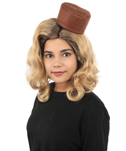 Adult & Teen Women's Vintage Bob Wig | Short Blonde Brown Costume Hairpiece With Mini Top Hat Detail | Capless Cap for Halloween, Cosplay & Parties