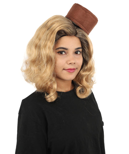 Adult & Teen Women's Vintage Bob Wig | Short Blonde Brown Costume Hairpiece With Mini Top Hat Detail | Capless Cap for Halloween, Cosplay & Parties