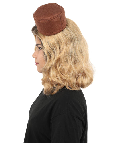 Adult & Teen Women's Vintage Bob Wig | Short Blonde Brown Costume Hairpiece With Mini Top Hat Detail | Capless Cap for Halloween, Cosplay & Parties