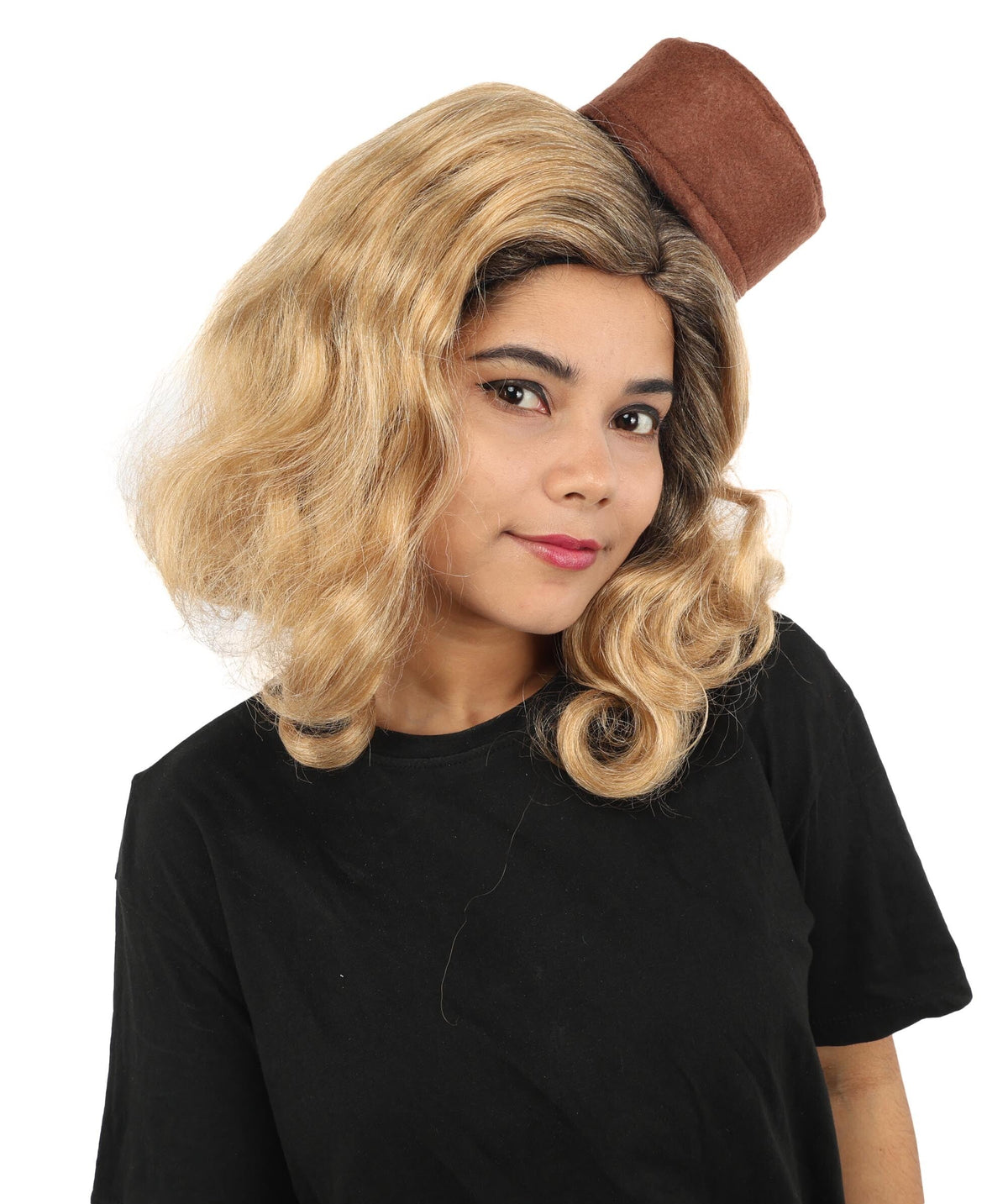 Adult & Teen Women's Vintage Bob Wig | Short Blonde Brown Costume Hairpiece With Mini Top Hat Detail | Capless Cap for Halloween, Cosplay & Parties