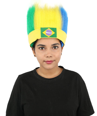 HPO Brazil Flag Spiky Mohawk Wig with Headband Hairpiece for Adult - Patriotic Bold Upright Silhouette with Green Yellow & Blue Strands Paired Coordinated Headwear for Sports Events & Festivals