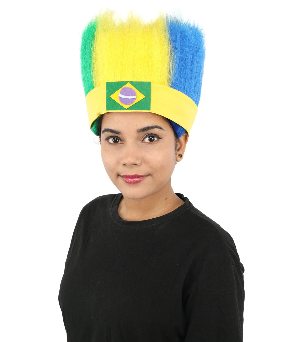 HPO Brazil Flag Spiky Mohawk Wig with Headband Hairpiece for Adult - Patriotic Bold Upright Silhouette with Green Yellow & Blue Strands Paired Coordinated Headwear for Sports Events & Festivals