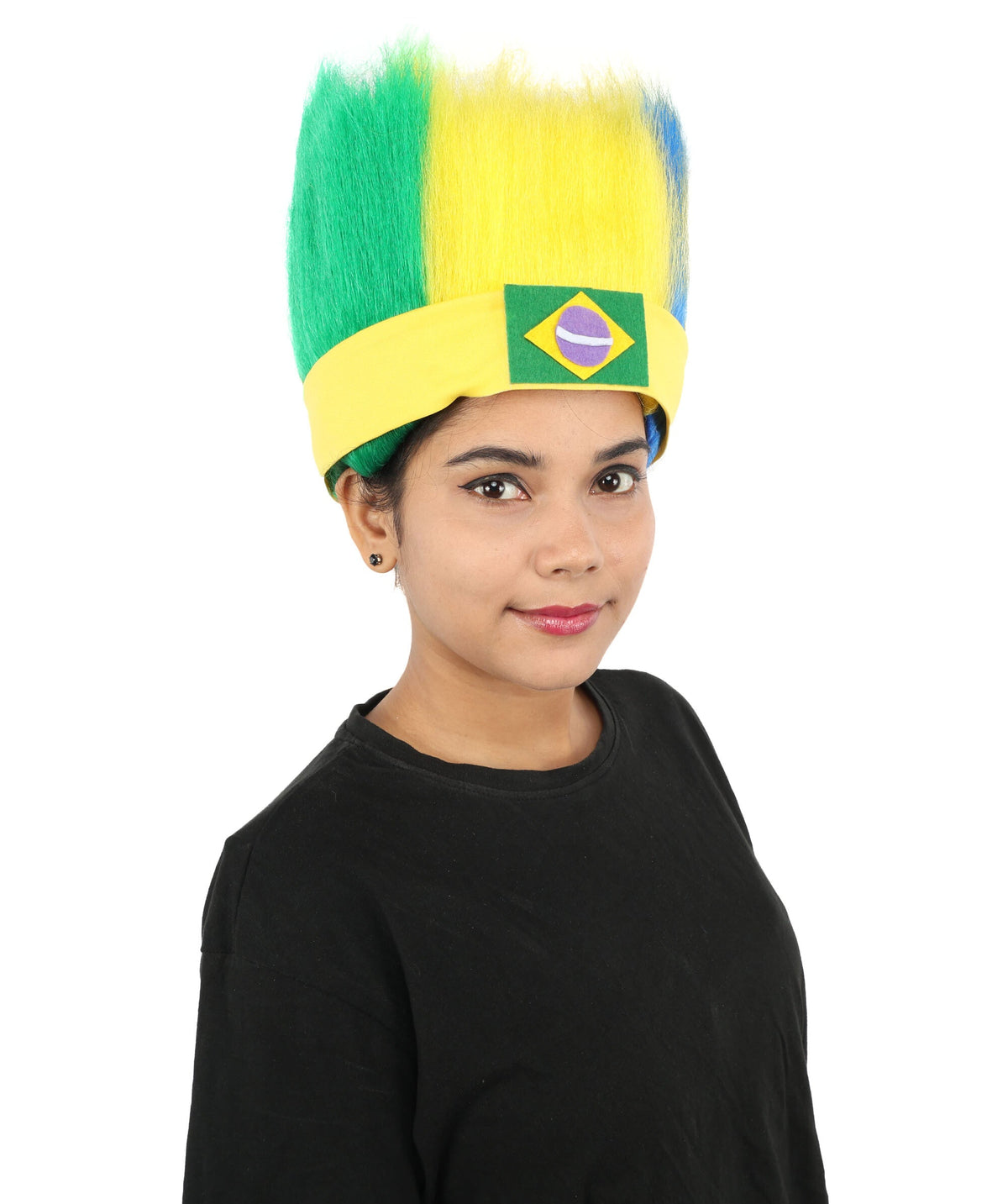 HPO Brazil Flag Spiky Mohawk Wig with Headband Hairpiece for Adult - Patriotic Bold Upright Silhouette with Green Yellow & Blue Strands Paired Coordinated Headwear for Sports Events & Festivals