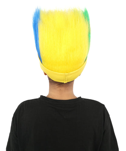 HPO Brazil Flag Spiky Mohawk Wig with Headband Hairpiece for Adult - Patriotic Bold Upright Silhouette with Green Yellow & Blue Strands Paired Coordinated Headwear for Sports Events & Festivals