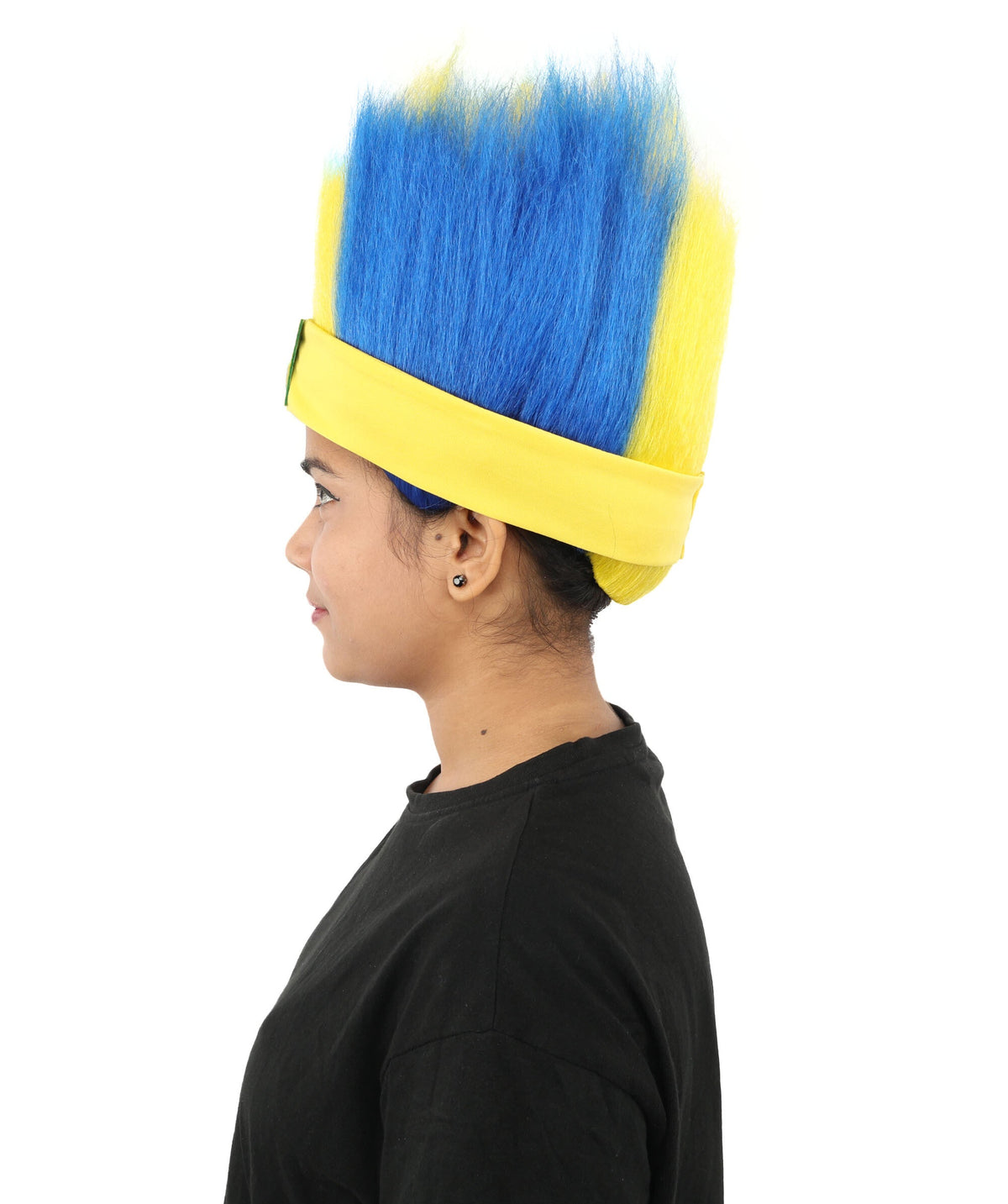 HPO Brazil Flag Spiky Mohawk Wig with Headband Hairpiece for Adult - Patriotic Bold Upright Silhouette with Green Yellow & Blue Strands Paired Coordinated Headwear for Sports Events & Festivals