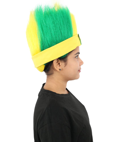 HPO Brazil Flag Spiky Mohawk Wig with Headband Hairpiece for Adult - Patriotic Bold Upright Silhouette with Green Yellow & Blue Strands Paired Coordinated Headwear for Sports Events & Festivals