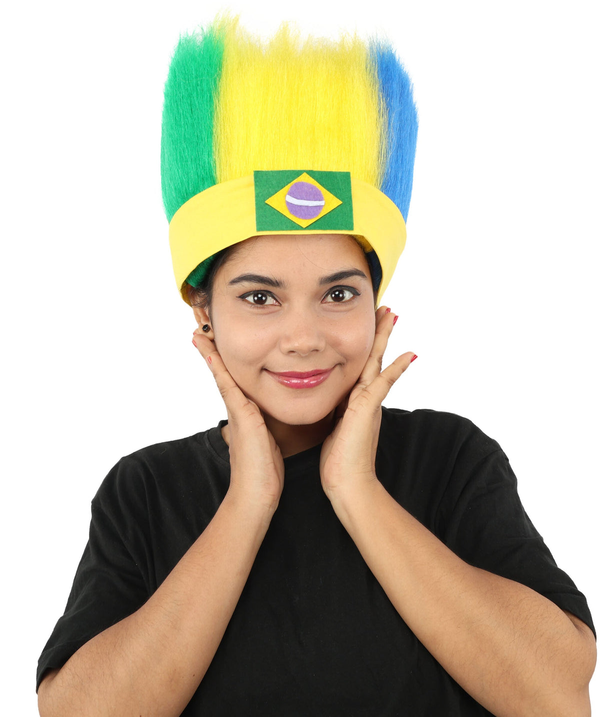 HPO Brazil Flag Spiky Mohawk Wig with Headband Hairpiece for Adult - Patriotic Bold Upright Silhouette with Green Yellow & Blue Strands Paired Coordinated Headwear for Sports Events & Festivals