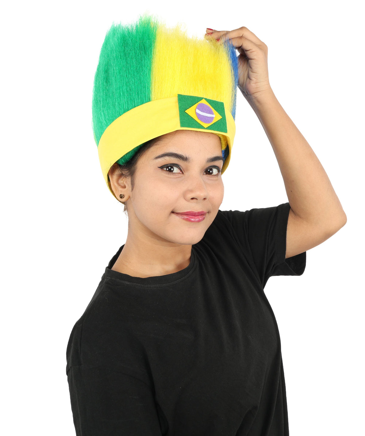 HPO Brazil Flag Spiky Mohawk Wig with Headband Hairpiece for Adult - Patriotic Bold Upright Silhouette with Green Yellow & Blue Strands Paired Coordinated Headwear for Sports Events & Festivals