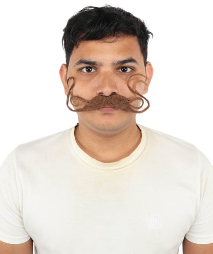 Brown Handlebar Mustache for Men | Curly Costume Facial Hair Accessory | Retro Style Fake Mustache for Halloween, Cosplay, Theater, and Parties