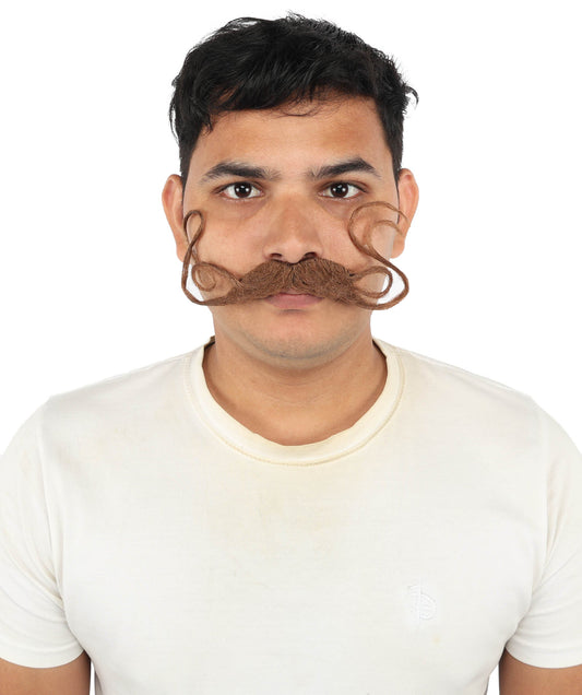 Brown Handlebar Mustache for Men | Curly Costume Facial Hair Accessory | Retro Style Fake Mustache for Halloween, Cosplay, Theater, and Parties